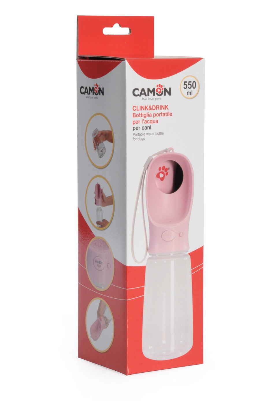 Bottiglia Camon Click&Drink rosa da 550 ml per cani con beccuccio integrato Bottiglia Camon Click&Drink rosa da 550 ml per cani con beccuccio integrato